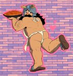  1boy apron armpit_hair armpit_hair_peek ass bara beard belly dungeon_meshi dwarf facial_hair food from_behind full_body fundoshi heart highres holding holding_food japanese_clothes jarfield_(battychow) long_beard looking_at_viewer looking_back male_focus mustache nearly_naked_apron plump senshi_(dungeon_meshi) slippers solo standing standing_on_one_leg thick_arm_hair thick_mustache very_long_beard wok 