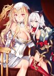  2girls absurdres anne_bonny_(fate) areola_slip bare_shoulders blonde_hair blue_eyes breasts cat_hair_ornament chair collar fate/grand_order fate_(series) flower hair_ornament highres iiiroha large_breasts lily_(flower) long_hair mary_read_(fate) multiple_girls open_mouth red_eyes ribbon short_hair white_hair 