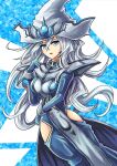  1girl blue_dress blue_eyes commentary_request crossed_bangs dashinoya dress duel_monster gloves grey_hair hair_between_eyes hat hip_vent index_finger_raised long_hair long_sleeves looking_at_viewer open_mouth silent_magician very_long_hair white_hat wizard_hat yu-gi-oh! 