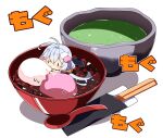  1girl absurdres antenna_hair ass black_one-piece_swimsuit blush bowl brown_eyes chopsticks commentary_request eating food food-themed_hair_ornament food_request grey_hair hair_between_eyes hair_ornament hair_scrunchie highres in_food kizuna_akari long_hair low_twintails milkpanda mini_person minigirl one-piece_swimsuit orange_scrunchie partially_submerged plastic_spoon scrunchie shadow simple_background solo spoon sweat swimsuit translation_request twintails very_long_hair voiceroid white_background |_| 