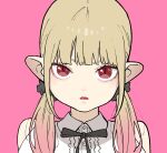  1girl black_ribbon black_scrunchie blonde_hair blunt_bangs close-up closed_mouth eyeshadow hair_ornament hair_scrunchie hime-sama_&quot;goumon&quot;_no_jikan_desu hirakei lipstick long_hair looking_at_viewer low_twintails makeup multicolored_hair official_art pink_background pink_hair pointy_ears portrait red_eyes red_eyeshadow red_lips ribbon scrunchie shirt simple_background sleeveless sleeveless_shirt slit_pupils solo twintails two-tone_hair upper_body vanilla_peschutz white_shirt 