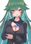  1girl absurdres arm_under_breasts black_shirt blue_hair breast_hold breasts cleavage collared_shirt colored_inner_hair cross-shaped_pupils dress_shirt green_hair hair_flaps headgear highres hlsn_dglaq3g kitakoji_hisui kitakoji_hisui_(1st_costume) large_breasts long_hair long_sleeves looking_at_viewer multicolored_hair nijisanji official_alternate_hairstyle open_clothes open_mouth open_shirt paizuri_invitation sharp_teeth shirt simple_background solo spread_cleavage symbol-shaped_pupils teeth very_long_hair virtual_youtuber white_background wing_collar yellow_eyes 