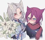  2boys ahoge animal_ears bad_id bad_pixiv_id black_jacket blue_eyes blush bouquet closed_mouth cropped_torso crying crying_with_eyes_open ensemble_stars! expressionless frown glasses grey_hair hair_between_eyes highres holding holding_bouquet jacket long_hair looking_at_another male_focus meremero multiple_boys purple_hair ran_nagisa red_eyes red_scarf sad saegusa_ibara scarf short_hair simple_background tears upper_body white_background white_lily wolf_ears 