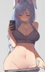  1girl absurdres animal_ear_fluff animal_ears blue_hair blush breasts cellphone cleavage closed_mouth extra_ears groin highres holding holding_phone hololive large_breasts long_hair navel pekomama phone pulling_own_clothes rabbit_ears red_eyes simple_background smartphone solo standing theflatfacadeds thick_eyebrows virtual_youtuber 