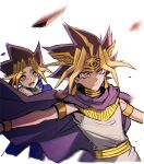  2boys absurdres atem blue_jacket blush cape closed_mouth cropped_legs earrings egyptian_clothes gokunobaka highres jacket jewelry multiple_boys muto_yugi outline outstretched_arm purple_cape purple_eyes spiked_hair toga white_background white_outline yu-gi-oh! yu-gi-oh!_duel_monsters 