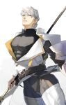  1boy absurdres bara black_bodysuit blue_eyes bodysuit bulge cowboy_shot fate/grand_order fate_(series) grey_hair hair_between_eyes highres holding holding_polearm holding_weapon ironmanhshs large_pectorals light_smile looking_at_viewer male_focus muscular muscular_male parted_lips pectorals percival_(fate) polearm short_hair solo standing thick_eyebrows thick_thighs thighs tsurime weapon white_hair 