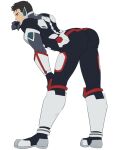  1boy ao_isami arched_back from_behind full_body hand_on_own_face hand_on_own_knee leaning_forward looking_to_the_side male_focus pilot_suit presenting_ass saika318 simple_background solo sweat white_background yuuki_bakuhatsu_bang_bravern 