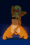 anthro blonde_hair blue_eyes breasts catsockjus felid female fur glowing glowing_eyes hair hi_res lily_(catsockjus) long_hair looking_at_viewer mammal multicolored_body multicolored_fur orange_body orange_fur pantherine smile solo striped_body stripes tail teasing tiger two_tone_body two_tone_fur