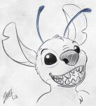  2024 alien ambiguous_gender antennae_(anatomy) blue_antennae bust_portrait chest_tuft dipstick_antennae disney experiment_(lilo_and_stitch) fur head_tuft lilo_and_stitch looking_at_viewer male_(lore) multicolored_antennae nanashi-arts notched_ear open_mouth open_smile portrait sharp_teeth signature simple_background sketch smile solo spot_color stitch_(lilo_and_stitch) teeth tuft white_background 