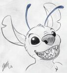 2024 alien ambiguous_gender antennae_(anatomy) blue_antennae bust_portrait chest_tuft dipstick_antennae disney experiment_(lilo_and_stitch) fur head_tuft lilo_and_stitch looking_at_viewer male_(lore) multicolored_antennae nanashi-arts notched_ear open_mouth open_smile portrait sharp_teeth signature simple_background sketch smile solo spot_color stitch_(lilo_and_stitch) teeth tuft white_background