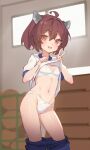  1girl ahoge blush bra breasts brown_hair clothes_lift clothes_pull gym_storeroom gym_uniform headgear highres looking_at_viewer navel open_mouth panties red_eyes shirt_lift short_hair shorts shorts_pull small_breasts smile solo touhoku_kiritan underwear v voiceroid white_bra white_panties yamamomo_(plank) 