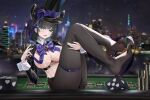  1girl absurdres animal_ears aqua_eyes azur_lane black_shrug blurry blurry_background breast_curtains breasts cheshire_(azur_lane) cheshire_(the_cat_in_the_magic_hat)_(azur_lane) cleavage dice fake_animal_ears full_body hat highres knees_up large_breasts leg_hold leotard lilin_(pixiv_25958194) long_ribbon meme_attire multicolored_hair night night_sky no_shoes nontraditional_playboy_bunny official_alternate_costume poker_chip reverse_bunnysuit reverse_outfit see-through see-through_leotard sitting sky skyline solo streaked_hair thigh_strap toes top_hat 