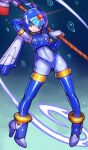  1girl air_bubble arm_behind_head armor blue_armor blue_eyes blue_footwear blue_helmet breasts bubble crop_top dakusuta fairy_leviathan_(mega_man) forehead_jewel full_body highres holding holding_polearm holding_weapon looking_at_viewer medium_breasts mega_man_(series) mega_man_zero_(series) polearm smile solo spear underwater weapon 