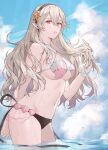 1girl ai_tkkm arm_behind_back bare_shoulders beads bikini black_hairband breasts clam_shell cloud cloudy_sky corrin_(female)_(fire_emblem) corrin_(fire_emblem) eyelashes fire_emblem fire_emblem_cipher fire_emblem_fates grey_hair hairband headband highres large_breasts long_hair looking_at_viewer looking_down navel ocean official_alternate_costume parted_lips partially_submerged pointy_ears red_eyes shell shell_bikini sky solo standing starfish starfish_hair_ornament swimsuit water wet 