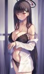  1girl black_bra black_hair black_panties blue_archive blurry blurry_background blush bra breasts bright_pupils cleavage closed_mouth collarbone cowboy_shot hair_ornament hairpin halo highres large_breasts long_hair long_sleeves navel panties red_eyes rio_(blue_archive) ryuinu shirt solo underwear very_long_hair white_pupils white_shirt 