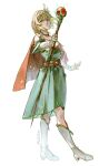  1girl armor blonde_hair boots breastplate cape dress fire_emblem fire_emblem:_thracia_776 floating_hair full_body glint green_eyes hair_ornament highres holding holding_staff jewelry knee_boots light_particles looking_at_viewer mixed-language_commentary nanna_(fire_emblem) negi_(fufufuyu) short_hair shoulder_armor simple_background solo staff standing teeth twitter_username white_background white_footwear wing_hair_ornament 