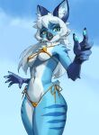  anthro avian beak bikini bird blue_body blue_eyes blue_fur blue_mouth blue_tongue breasts chest_tuft clawed_fingers clothing countershading detailed_background digital_media_(artwork) female fingerpads flokipainter fur gold_bikini hair hi_res hybrid inner_ear_fluff lagomorph leporid long_hair looking_at_viewer mammal navel neck_tuft outside pawpads pinup pose rabbit scut_tail short_tail sky skyscape small_breasts solo swimwear tail terena_(axel0527) tongue tuft white_hair 