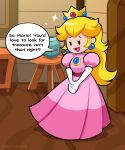  1girl artist_name blonde_hair brooch crown dress earrings elbow_gloves english_text gloves highres indoors jewelry long_dress long_hair looking_at_viewer mario_(series) open_mouth paper_mario paper_mario:_the_thousand_year_door pink_dress princess_peach puffy_short_sleeves puffy_sleeves short_sleeves solo speech_bubble sphere_earrings vinny_(dingitydingus) white_gloves 