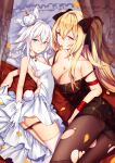  absurdres anne_bonny_(fate) armpits bare_shoulders blonde_hair blue_eyes collarbone fate/grand_order fate_(series) highres iiiroha jewelry long_hair mary_read_(fate) on_bed panties pantyhose pillow rabbit_tail red_eyes ring short_hair tail torn_clothes torn_pantyhose twintails underwear white_hair 