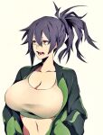  1girl black_hair breasts camui_kamui eyebrows eyes_visible_through_hair green_jacket hands_in_pockets highres huge_breasts jacket long_hair navel open_mouth original ponytail solo tongue upper_body white_background 