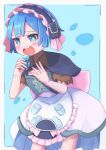  1boy apron back_bow blue_apron blue_background blue_capelet blue_corset blue_dress blue_eyes blue_hair blue_hairband blush boss9331 bow capelet corset crossdressing dress frilled_apron frilled_hairband frills hairband highres holding holding_whistle made_in_abyss male_focus maruruk open_mouth otoko_no_ko outline pink_bow short_hair solo teeth upper_teeth_only whistle white_outline 