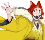  1boy animal_ears coat colored_inner_hair fangs fox_boy fox_ears freckles fur-trimmed_hood fur_trim green_eyes hand_up hood hood_down hooded_coat japanese_clothes jewelry kimono long_sleeves looking_at_viewer male_focus multicolored_hair multiple_rings open_mouth orange_hair original red_hair ring short_eyebrows simple_background solo upper_body white_background yellow_coat yellow_kimono zzb_azz 