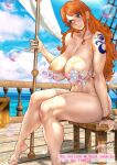  1girl b_0_rukia barefoot box breasts brown_eyes cloud completely_nude earrings english_text feet highres jewelry large_breasts long_hair nami_(one_piece) nude one_piece orange_hair outdoors ship single_earring sitting soap_bubbles thighs toes watercraft 