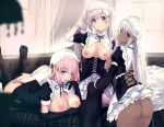  ass bikini breasts couch dark_skin elbow_gloves garter_belt gloves gray_hair long_hair maid nipples original pink_hair red_eyes skirt_lift stockings swimsuit untue 