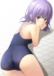 1girl ass blue_one-piece_swimsuit bob_cut breasts brown_eyes competition_school_swimsuit from_behind hand_on_own_chin highres looking_at_viewer looking_back lying medium_breasts on_stomach one-piece_swimsuit original purple_hair school_swimsuit shibacha solo swimsuit tile_floor tiles 