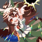  1girl :d black_sun bow brown_hair commentary_request futsu_nomal green_bow green_skirt hair_bow highres index_finger_raised long_hair looking_at_viewer open_mouth pixel_art pointing red_eyes reiuji_utsuho shirt skirt smile solo starry_sky_print sun third_eye touhou white_shirt 