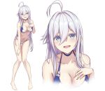  1girl 86_-eightysix- :d ahoge antenna_hair bare_shoulders bikini blue_choker blue_eyes breasts choker collarbone full_body highres leaning_forward levy_(comradlevy) long_hair looking_at_viewer medium_breasts multiple_views open_mouth simple_background smile standing swimsuit thighs very_long_hair vladilena_millize white_background white_bikini white_hair 