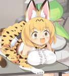  2girls animal_ear_fluff animal_ears animal_print blonde_hair blush bow bowtie breasts cat_ears cat_girl cat_tail center_frills commentary_request elbow_gloves frills full_body gloves green_hair kemono_friends large_breasts leopard_print lets0020 long_hair medium_bangs mirai_(kemono_friends) multiple_girls on_table open_mouth print_bow print_bowtie serval_(kemono_friends) shirt short_hair skirt sleeveless sleeveless_shirt smile table tail white_shirt yellow_bow yellow_bowtie yellow_eyes yellow_gloves yellow_skirt 