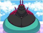  anthro areola areola_slip arthropod big_breasts black_body breasts cleavage clothed clothing cloud female generation_5_pokemon hi_res huge_breasts hyper hyper_breasts jewelry long_neck looking_at_viewer markings myriapod necklace nintendo overweight overweight_female pakaproductions pokemon pokemon_(species) purple_markings red_body scolipede sky skyscape solo yellow_eyes 