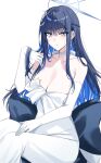  1girl bare_shoulders black_hair blue_archive blue_eyes breasts choker cleavage collarbone dress earrings elbow_gloves gloves hair_ornament halo highres jewelry kinona large_breasts long_hair looking_at_viewer saori_(blue_archive) saori_(dress)_(blue_archive) solo white_dress white_gloves 