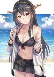  1girl bikini bikini_top_only black_bikini black_hair black_shorts blue_sky border breasts brown_eyes cleavage closed_mouth commentary_request commission dated hair_between_eyes hair_ornament hairband hairclip haruna_(kancolle) haruna_kai_ni_(kancolle) headgear jacket kantai_collection large_breasts long_hair looking_at_viewer navel ocean off_shoulder official_alternate_costume outside_border satsumi short_shorts shorts single_bare_shoulder skeb_commission sky smile solo swimsuit white_border white_jacket 