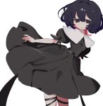  1girl black_dress black_eyes black_hair black_ribbon collared_dress colored_inner_hair cowboy_shot dress floating_clothes hair_between_eyes highres leaning_to_the_side looking_at_viewer medium_hair multicolored_hair original puffy_short_sleeves puffy_sleeves red_hair ribbon short_sleeves simple_background sobamushi_mo solo thigh_strap white_background 