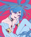  1girl :d armlet blue_bodysuit blue_hair bodysuit breasts center_opening choker cleavage crazy_smile djinn_equip earrings forehead_jewel hair_ornament hair_rings hair_stick jewelry long_hair looking_at_viewer magi_the_labyrinth_of_magic pink_background pink_eyes ren_kougyoku simple_background sinaki243971 small_breasts smile solo very_long_hair weapon 