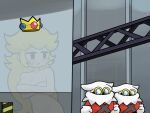  1girl black_eyes blonde_hair blush breasts cleavage completely_nude covering_breasts covering_privates crown indoors kuwagata_zaurus long_hair mario_(series) nude paper_mario paper_mario:_the_thousand_year_door parted_lips princess_peach sweat transparent very_long_hair x-naut 