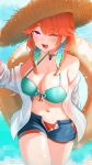  1girl ;d absurdres bikini_under_shorts blue_sky braid breasts choker cleavage cloud feathers green_choker hat highres holding holding_swim_ring hololive hololive_english knbd large_breasts long_hair looking_at_viewer multicolored_hair navel off_shoulder one_eye_closed open_fly open_mouth orange_hair pink_eyes shirt short_shorts shorts sky smile solo straw_hat streaked_hair swim_ring takanashi_kiara takanashi_kiara_(casual) twin_braids virtual_youtuber wet wet_clothes wet_shirt white_shirt 