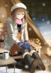  1girl aokonnno bench brown_eyes brown_hair commission cup dress fire frown full_body hat highres jacket long_hair mittens mug original outdoors pantyhose pixiv_commission plaid plaid_scarf scarf shoe_soles sitting snow snowing socks solo steam tent winter 