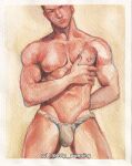  1boy abs bara bulge check_medium cowboy_shot embroidery_(medium) faux_traditional_media fundoshi groin hand_on_own_chest head_tilt highres japanese_clothes large_pectorals looking_at_viewer male_focus muscular muscular_male navel one_eye_closed one_piece pectorals roronoa_zoro scar short_hair sol_(http_wanning) solo standing stomach thighs 