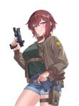  1girl absurdres breasts briar_(gamingsentry) brown_hair denim denim_shorts green_shirt gun highres holding holding_gun holding_weapon holster jacket looking_at_viewer non-web_source original samsam_s2s shirt shorts shoulder_holster smile smith_&amp;_wesson thighs weapon 