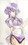  apron blush breasts cleavage cleavage_cutout clothing_cutout cowboy_shot earrings fire_emblem fire_emblem:_genealogy_of_the_holy_war frilled_apron frills highres jewelry larcei_(fire_emblem) looking_at_viewer maid_apron menu nukunukuhigepen purple_hair purple_tunic short_hair short_sleeves side_slit sidelocks smile tomboy traditional_media tunic white_background 