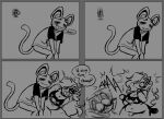  2020 absurd_res animal_crossing anthro big_ears biped black_text bottomless bottomless_anthro bottomless_female bottomless_male character_request clothed clothing comic comic_panel domestic_cat duo english_text fan_character featureless_hands felid feline felis female female_anthro fur grey_background greyscale hi_res male male_anthro mammal monochrome nintendo partially_clothed partially_clothed_anthro partially_clothed_female partially_clothed_male paws simple_background standing startled tail teleportation term_of_endearment text toon_michaela toxicsoul77 
