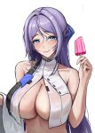  1girl absurdres bare_shoulders blue_bow blush bodam bow braid breasts cleavage closed_mouth collarbone commentary crop_top cropped_shirt crown_braid folkwang_(nikke) food goddess_of_victory:_nikke hair_between_eyes hair_bow hair_intakes hand_up highres holding holding_food holding_popsicle holding_towel large_breasts long_hair looking_at_viewer partially_unzipped popsicle purple_hair shirt sidelocks simple_background sleeveless sleeveless_shirt smile solo standing stomach sweat sweaty_clothes towel upper_body very_sweaty wet wet_clothes wet_shirt white_background white_shirt 