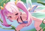  1girl ass blue_leotard blush breasts fairy fairy_wings highres leaning_forward leotard long_hair open_mouth outdoors pink_eyes pink_hair pointy_ears rabi-ribi restrained ribbon ribbon_(rabi-ribi) small_breasts tentacles thighs twintails wings yuzi124 