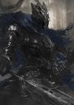  1boy absurdres armor artorias_the_abysswalker asaki_(asaki_vision) blue_cape breastplate cape commentary_request dark_souls_(series) dark_souls_i from_side full_armor gauntlets hand_up helm helmet highres holding holding_sword holding_weapon looking_ahead pauldrons shoulder_armor solo sword torn_cape torn_clothes upper_body weapon 