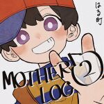  1boy baseball_cap black_hair blue_eyes child copyright_name grin haru-cho hat highres looking_at_viewer male_focus mother_(game) mother_2 ness_(mother_2) shirt short_hair smile solo striped_clothes striped_shirt v 