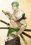  1boy abs absurdres bandana_around_arm bara bare_pectorals clothes_pull cowboy_shot fighting_stance from_side fundoshi green_hair highres japanese_clothes large_pectorals looking_at_viewer male_focus medium_sideburns muscular muscular_male nipples one_piece paid_reward_available pants pants_pull pectorals penis penis_peek ready_to_draw roronoa_zoro scar scar_across_eye short_hair standing sweatdrop uza_(hellme) 