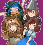  &gt;_&lt; 4girls animal_costume animal_ears aqua_hair armor arms_up blue_dress blue_hair blush_stickers brown_eyes brown_hair claws closed_mouth commentary conical_hat cosplay cowardly_lion cowardly_lion_(cosplay) dorothy_gale dorothy_gale_(cosplay) dress ear_covers ears_through_headwear glasses green_hat green_shirt hair_ornament hairclip hand_up hat highres horse_ears horse_girl ikuno_dictus_(umamusume) index_finger_raised light_brown_hair lion_costume matikane_tannhauser_(umamusume) multicolored_hair multiple_girls nice_nature_(umamusume) open_mouth puffy_short_sleeves puffy_sleeves purple_background purple_outline round_eyewear scarecrow_(twooz) scarecrow_(twooz)_(cosplay) sharp_teeth shirt short_sleeves sidelocks sinnra_art smile streaked_hair teeth the_wizard_of_oz tin_man tin_man_(cosplay) twin_turbo_(umamusume) twintails two-tone_hair umamusume upper_teeth_only v white_shirt yellow_eyes 